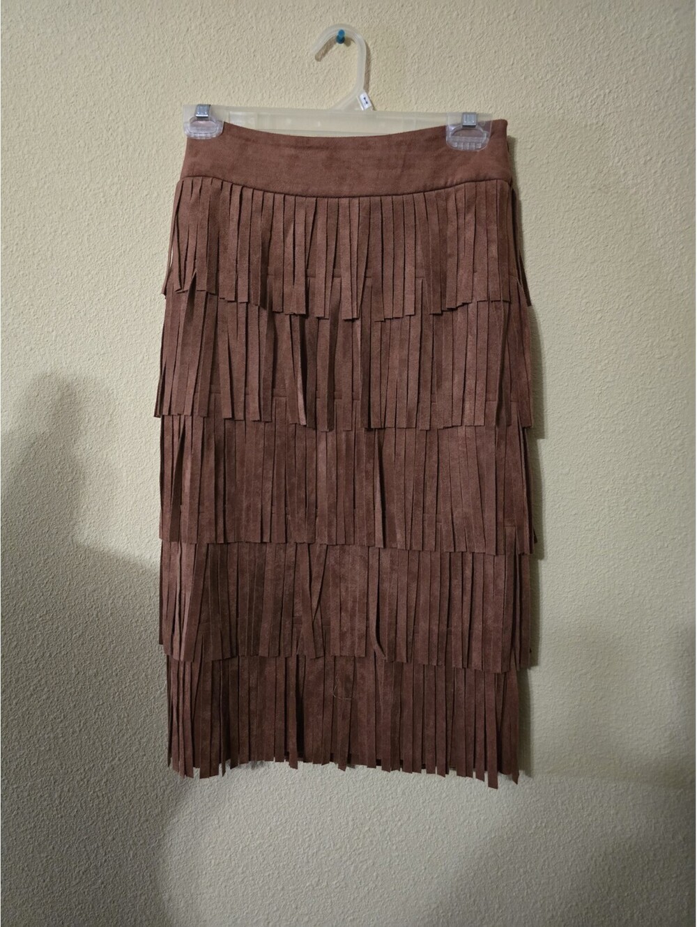 Gianni Bini Brown Suede Layered Fringe Straight Pencil Knee Length Skirt Sz SM